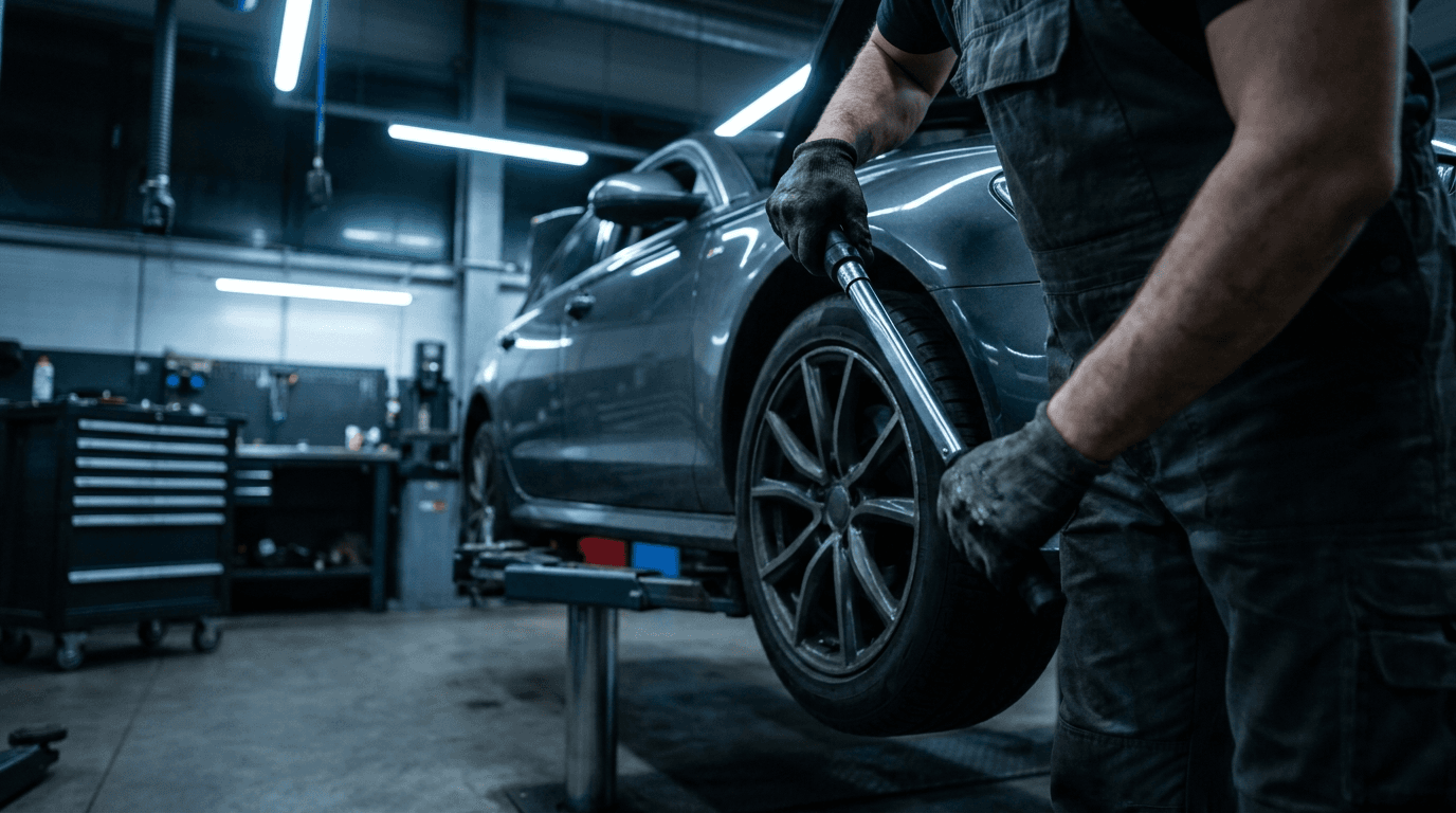 Technician fitting a wheel to a car